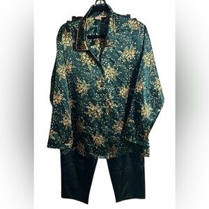 Vintage 80-90s Galligan O’Malley Satin Pajama Set Floral Green Gold Sz Large